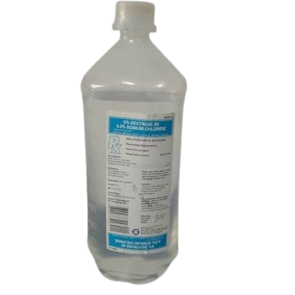 Intravenous fluid 5% dextrose in 0.3% Sodium Chloride 5g/300 mg peer 100ml solution thumb