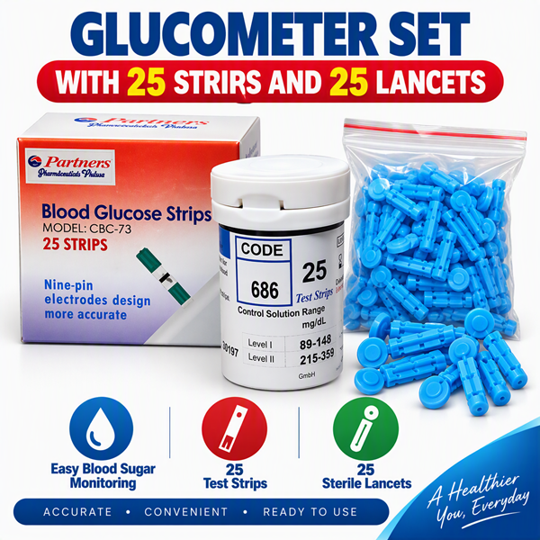 Glucometer Set with 25 strips and 25 Lancets